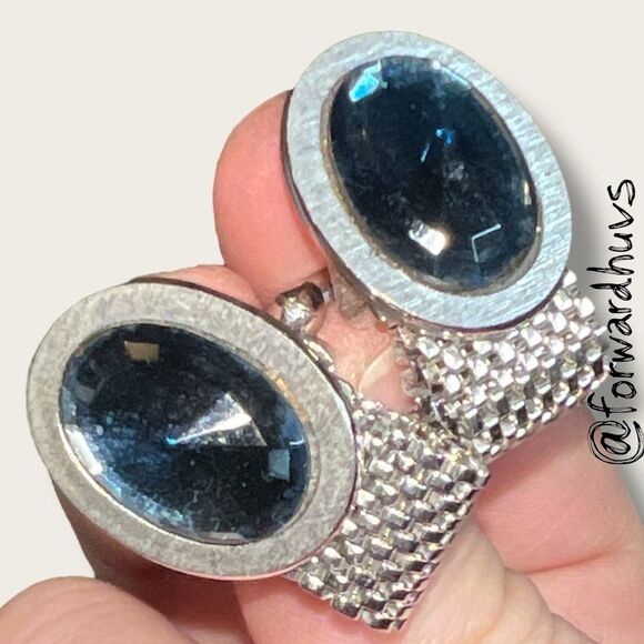 Vintage Silver-Tone Mesh Cufflinks – Faceted Blue Glass Stones - Picture 6 of 9
